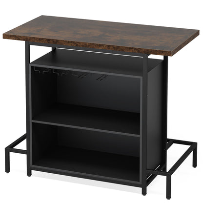 Home Bar Cabinet With 3 Tier Storage & 4 Wine Glass Racks - Brown / Black