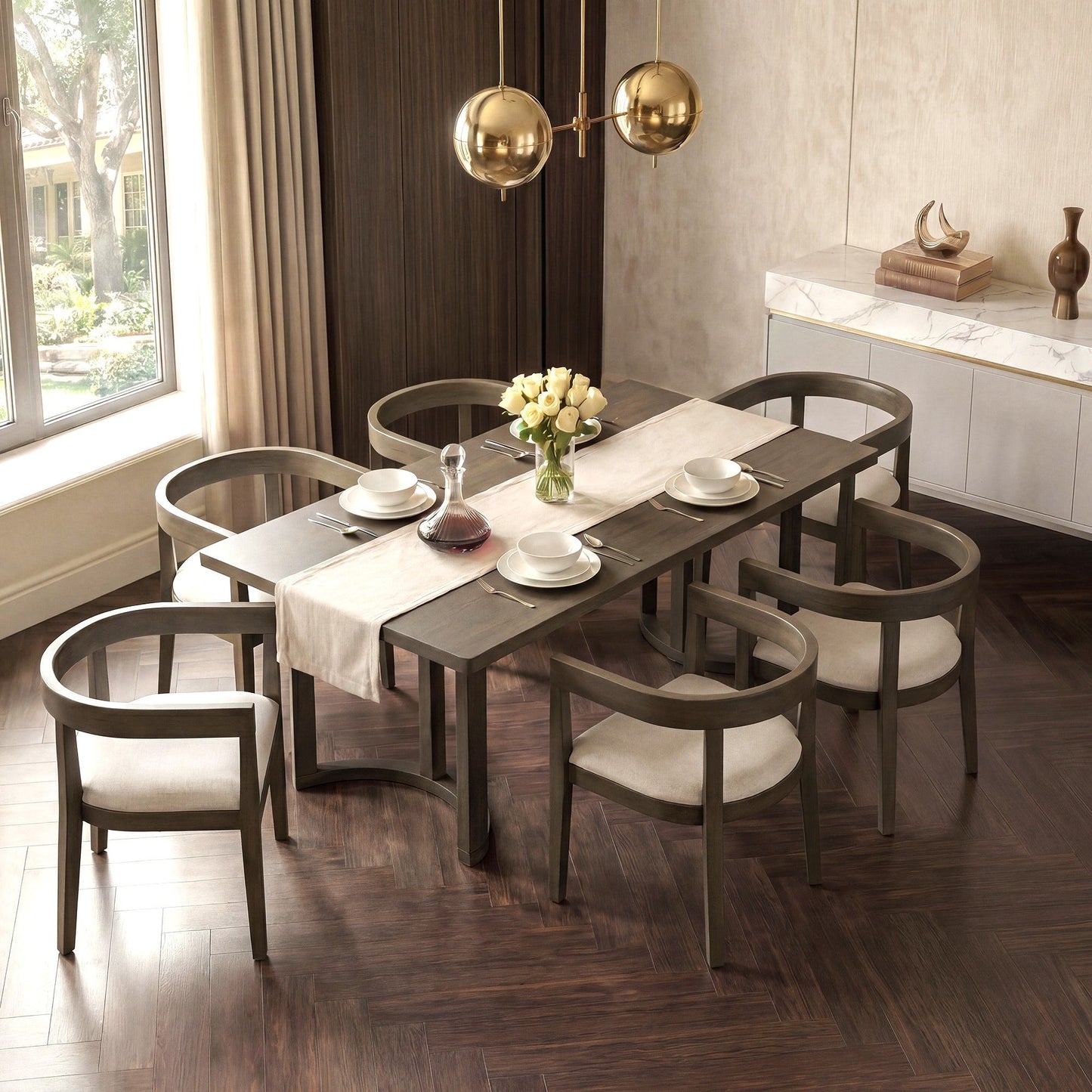 Rectangular Dining Table Set For 6 With Upholstered Barrel Back Chairs