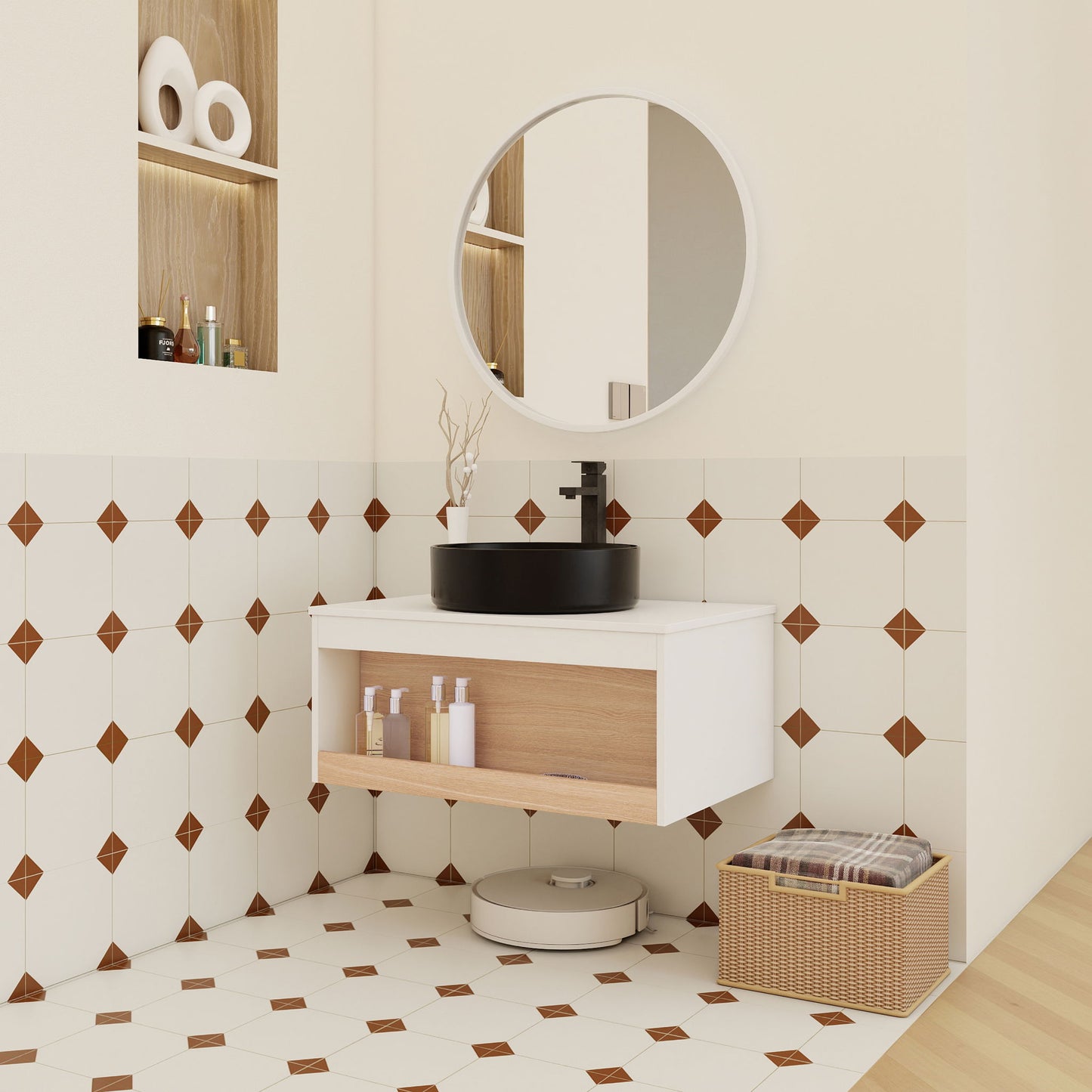 Floating Bathroom Vanity With Glossy Round Vessel Sink