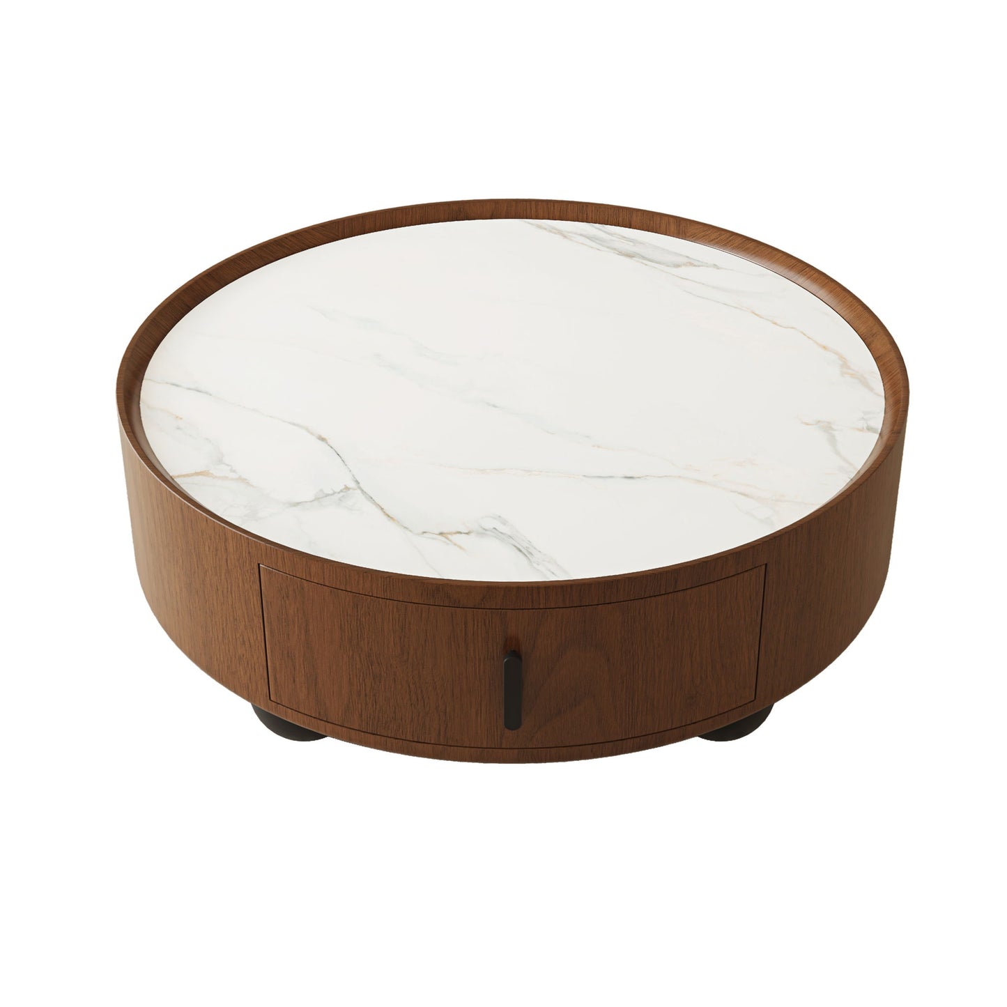 Round Coffee Table With Ball Feet, Pull Handle Storage Drawer - Bouguer Walnut / Brown