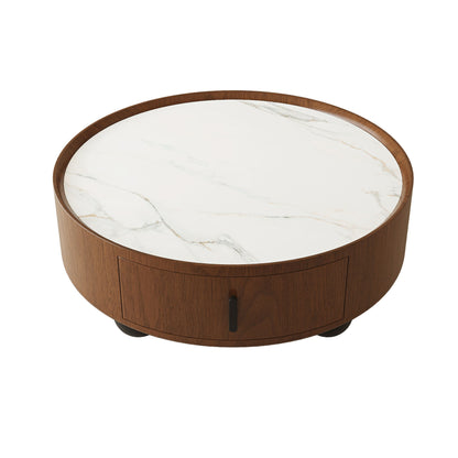 Round Coffee Table With Ball Feet, Pull Handle Storage Drawer - Bouguer Walnut / Brown