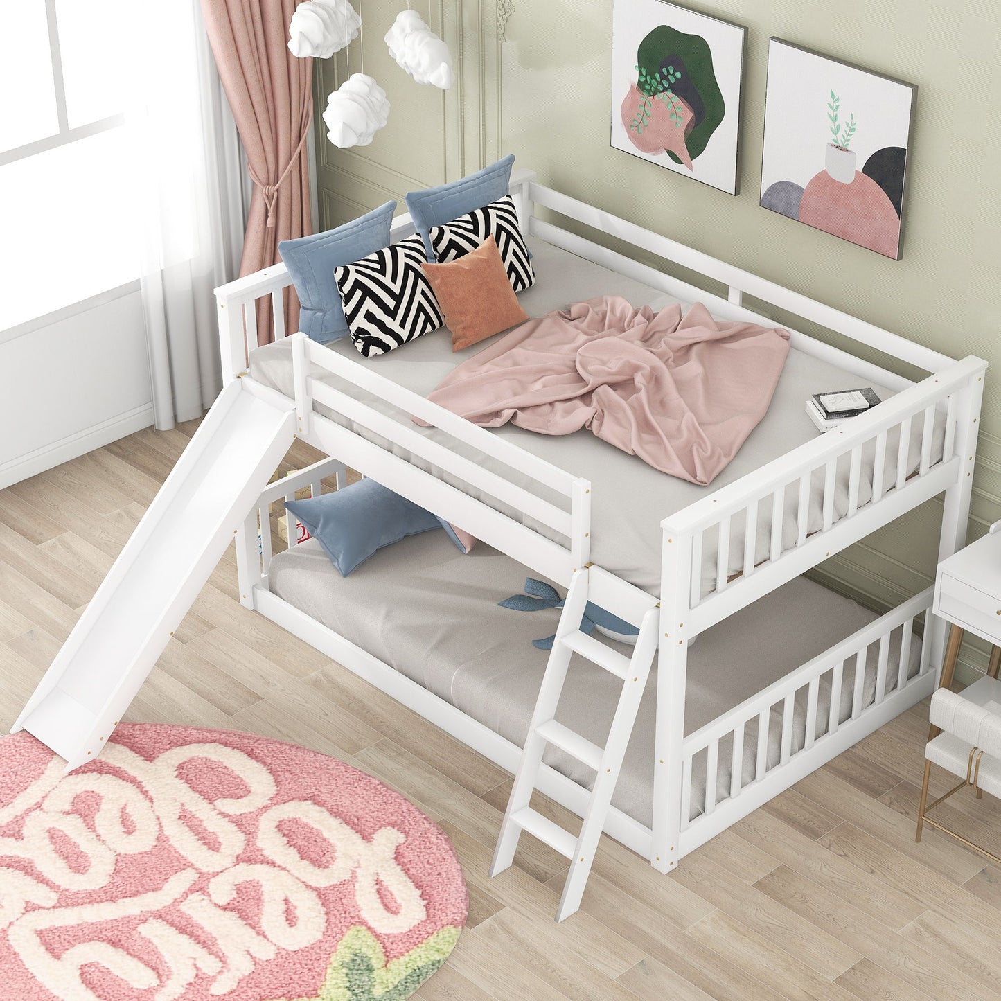 Full Over Full Bunk Bed With Convertible Slide And Ladder - White