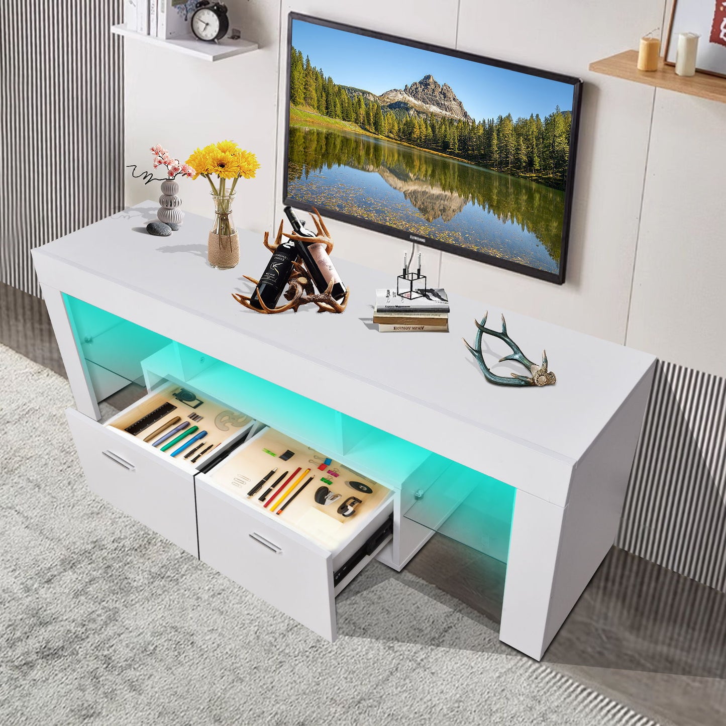 LED TV Stand Modern TV Stand With Storage Entertainment Center With Drawer TV Cabinet For Up To 75" For Gaming Living Room Bedroom