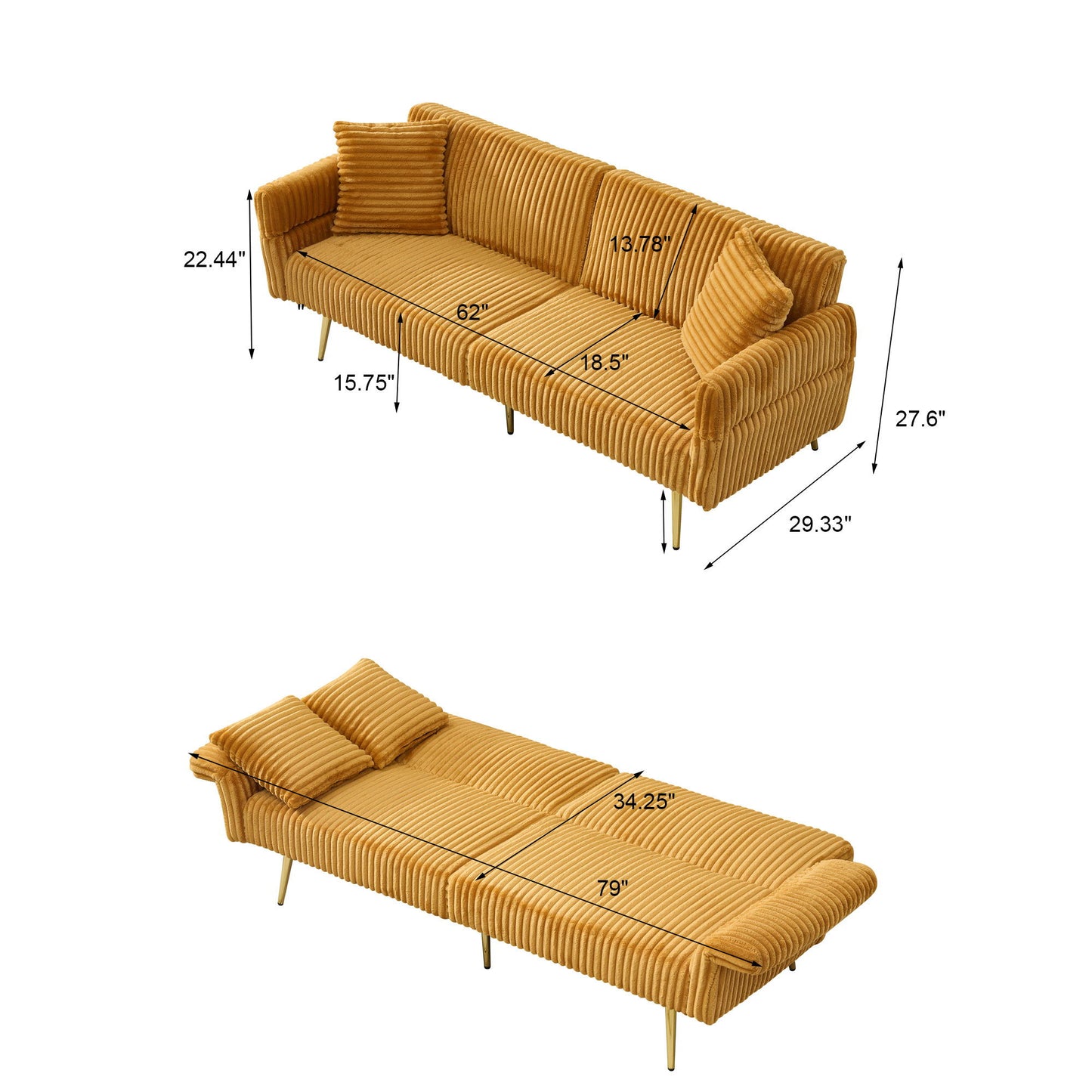 Luxury Corduroy Foldable Double Sofa Bed With Folding Armrests