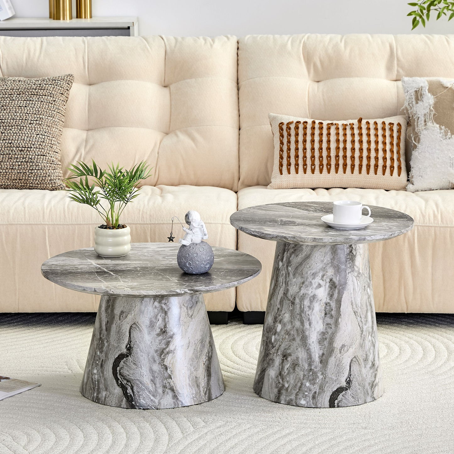 Nested Coffee Table Set, Round Design For Living Room - Gray