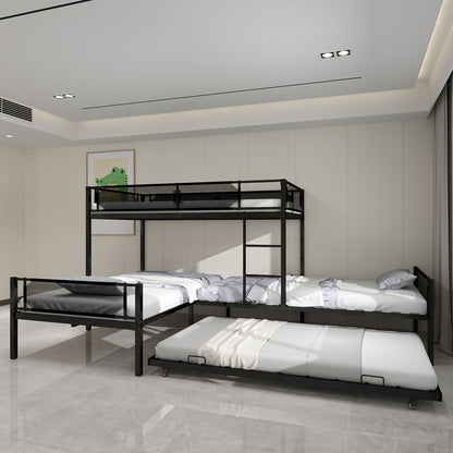 L Shape Metal Triple Bunk Bed With Trundle For 4 Kids, Heavy Duty Metal & Wood Construction - Black