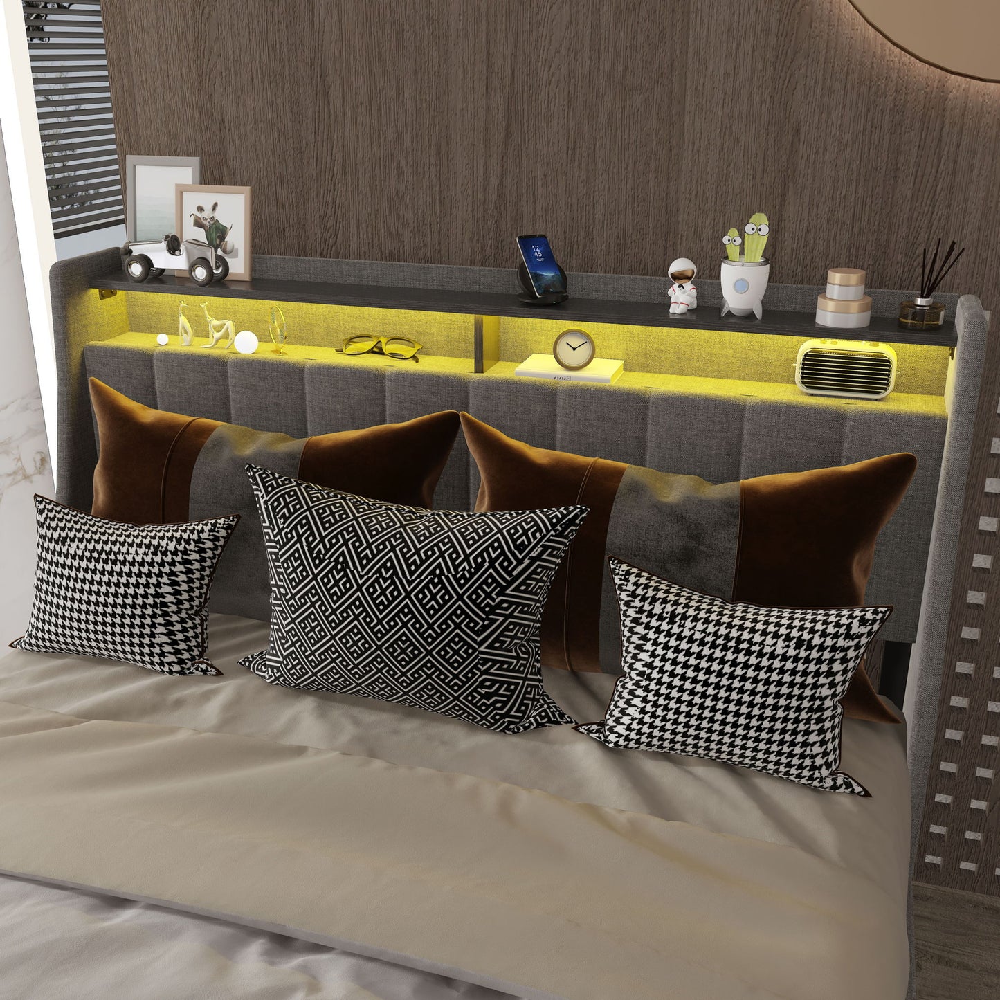 Bed With LED Lights, 4 Drawers, Winged Headboard Upholstered