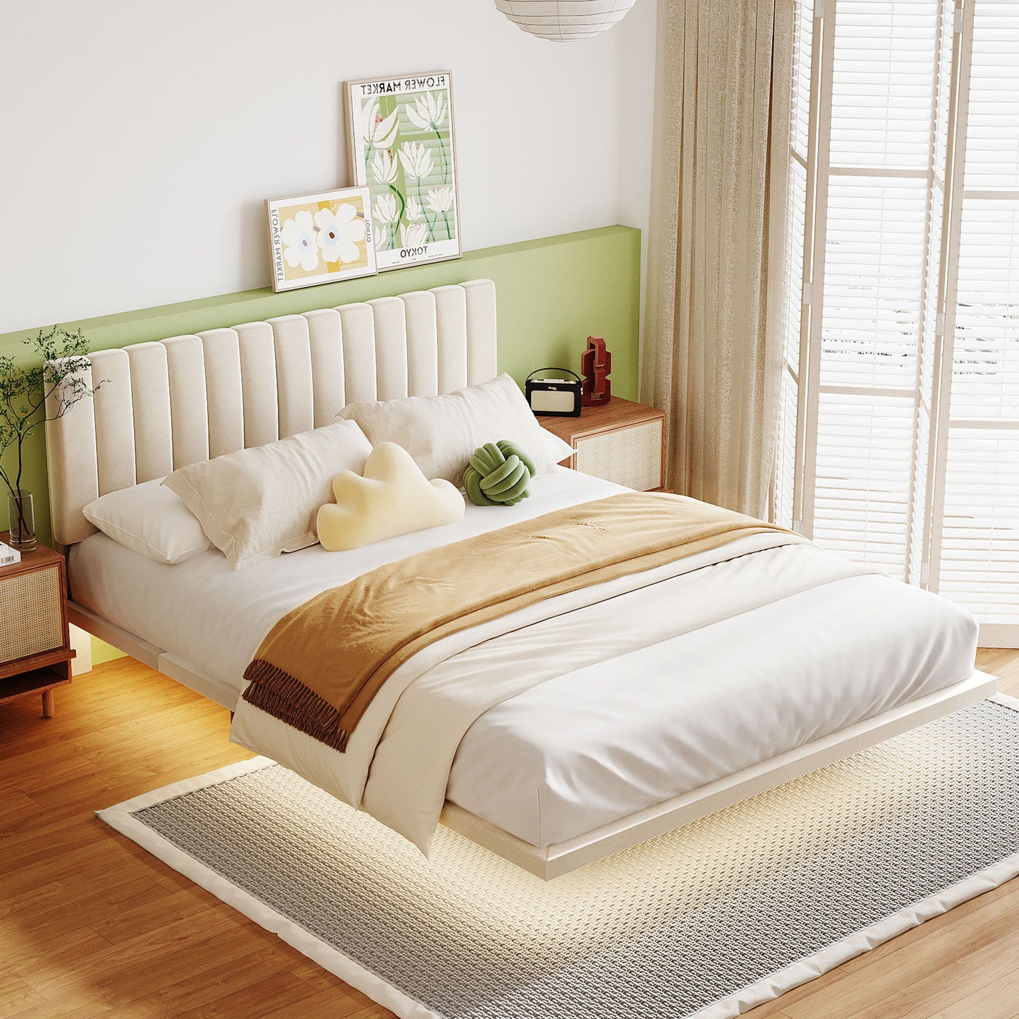 Upholstered Bed With Sensor Light And Headboard, Floating Platform Bed