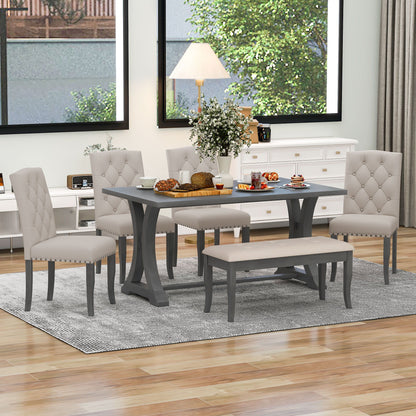 6 Piece Dining Set With Rectangular Trestle Table And 4 Upholstered Chairs And Bench - Antique Gray