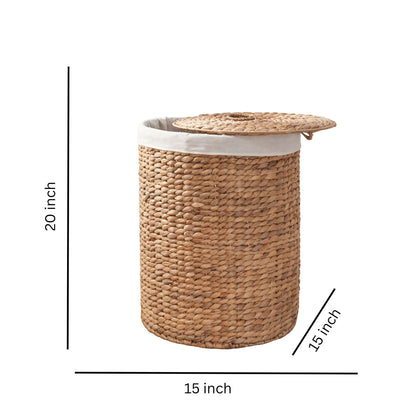 Round Tall Water Hyacinth Woven Wicker Laundry Hamper With Lid - For Clothes, Canvas, Toys And Book Storage With Removable Liner - 15" X 15" X 20" - Natural Brown