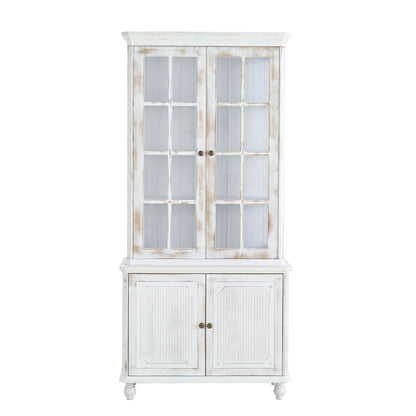 Vintage Display Cabinet With Double Glass Doors, Traditional Style Hutch For Home Or Workspace Washed - White Washed