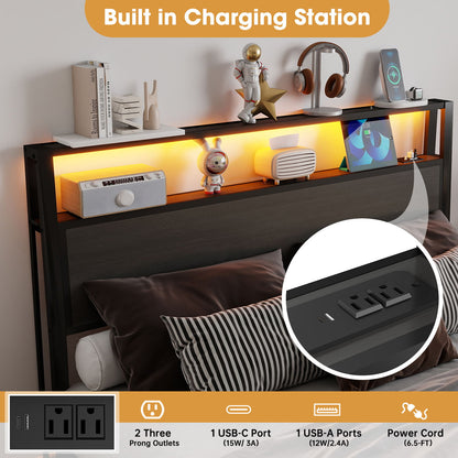 Bed Frame With Headboard, LED Lights & Charging Station