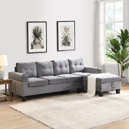 Modern 4 Seat Sectional Sofa With L Shape Right Lounge Storage Chaise, Cup Holder - Gray