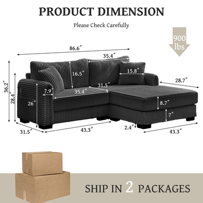 2 Seater L Shaped Chaise Sofa With Reversible Cushion, USB - C Charging Port, Storage Pocket, Convertible Left / Right Design