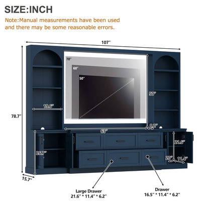 Arched Entertainment Center Wall Unit With 6 Drawers, Large TV Stand With Bookshelves