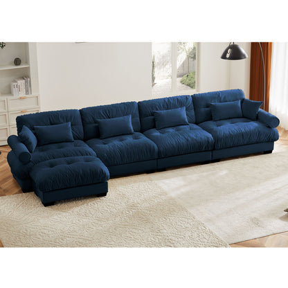 Modern Sectional Sofa With Ottoman, Round Bolster Armrests, Waist And Throw Pillows