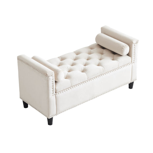 Queen Velvet Button Bedside Storage Bench With Armrests, Nailhead Trim