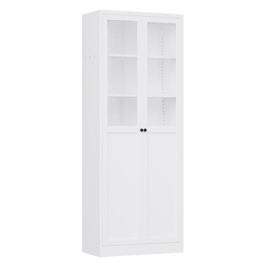 Tall Metal Kitchen Pantry Cabinet With Adjustable Shelves And Silent Magnetic Doors - White