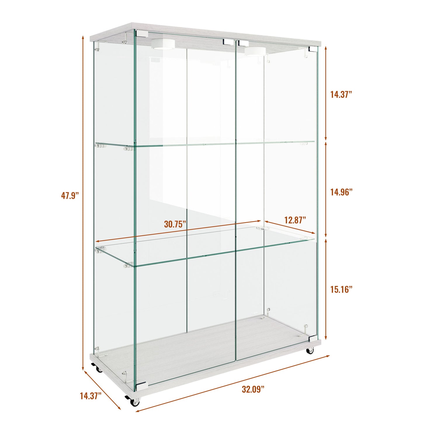Modern Display Cabinet With LED Lights, Transparent Tempered Glass 2 Door Storage Case With 3 Shelves