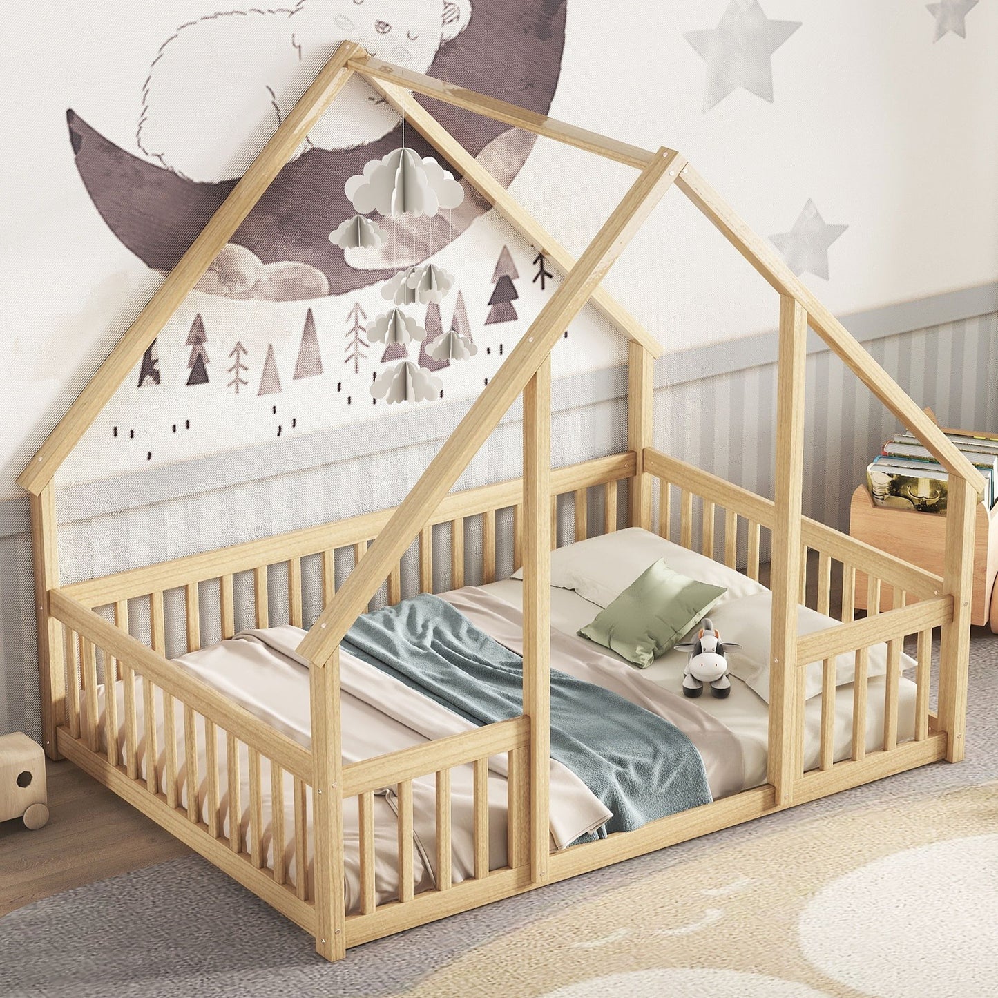 Wood House-Shaped Floor Bed With Fence, Guardrails