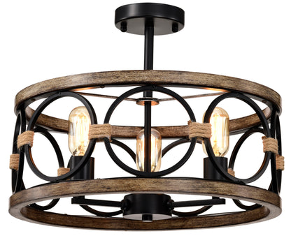 3 Light Drum Chandelier Farmhouse Chandelier Modern Pendant Light Fixtures For Kitchen Lighting Fixture For Dining Room, Foyer, Entry, Staircase, Hallway - Matte Black / Wood