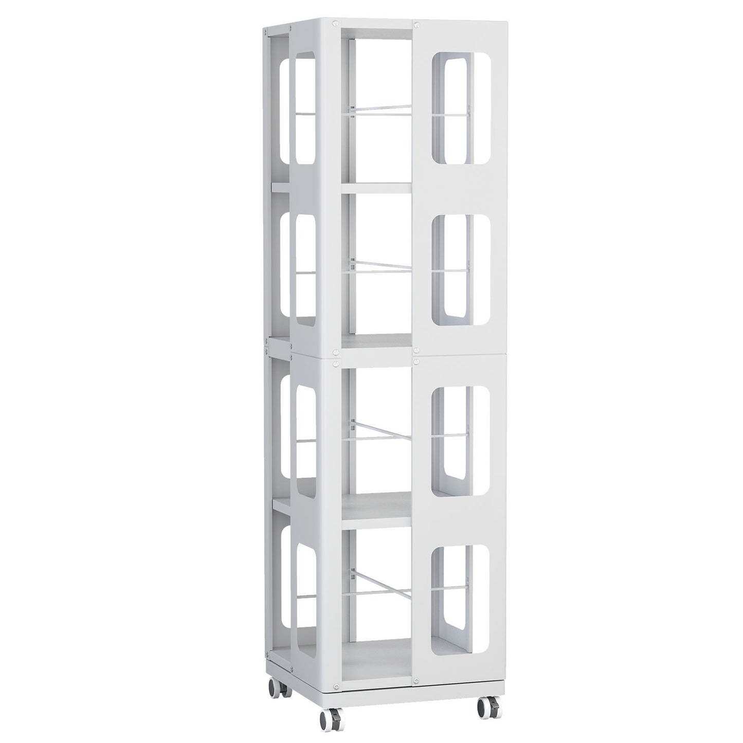 4 Tier All Steel Rotating Bookshelf With 360° Wheels, Large Size Sturdy & Spacious Book Rack, New Style Bookshelf - White