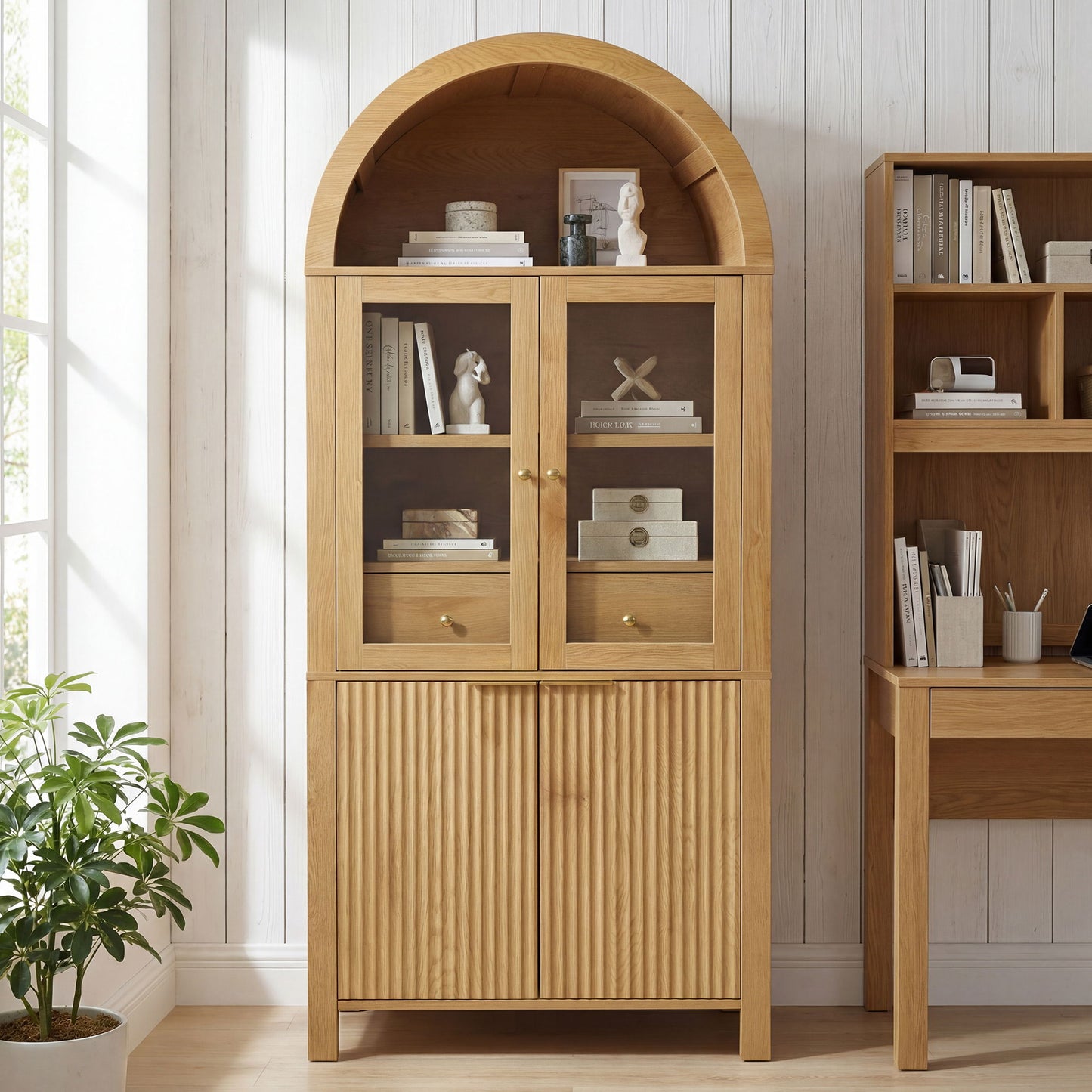 Fluted Tall Arched Pantry Cabinet With Adjustable Shelves