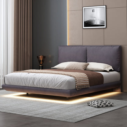 Upholstered Platform Bed With Sensor Light And 2 Large Backrests, With 2 Sets Of USB Port And Socket On Each Rear Bed Leg