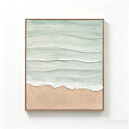 Framed Beach Wall Art, Textured Canvas Painting, Neutral Ocean Decor For Living Room - Beige / Blue