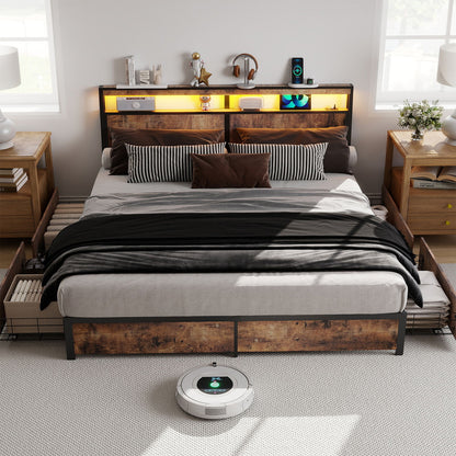 Bed Frame With Headboard, LED Lights & Charging Station