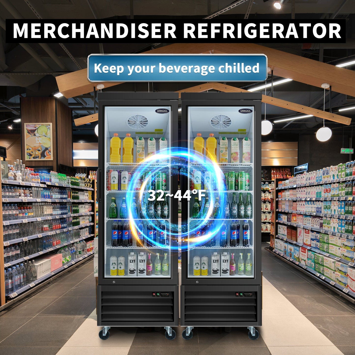 Glass Door Merchandiser Refrigerator 19.2 Cu.Ft Swing Door Commercial Display Refrigerators Merchandising Refrigeration With LED Top Panel - Black