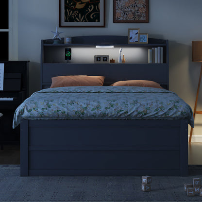 Wooden LED Platform Bed With Trundle, With Storage Headboard, With Drawers