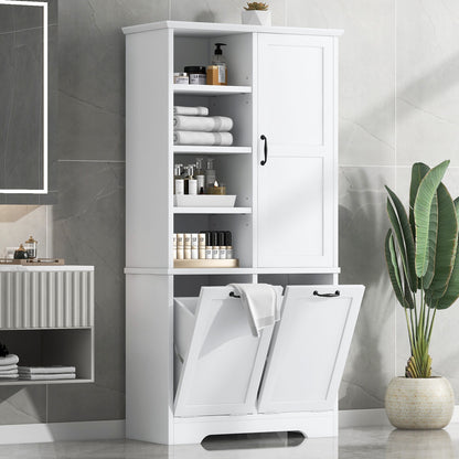 Freestanding Bathroom Storage Cabinet With Doors And Drawers, Adjustable Shelves, Tilt-Out Laundry Hamper
