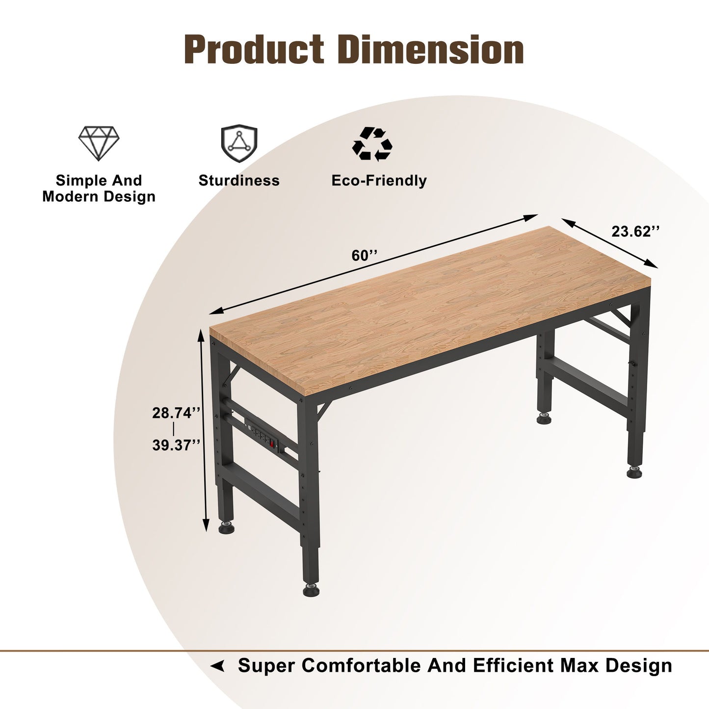 Adjustable Height Workbench, Rubber Wood Top Heavy Duty Workstation With Power Outlets, 2000 Lbs Load Capacity Hardwood Worktable For Workshop, Garage, Office, Home, Commercial - Black