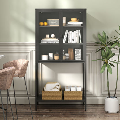 Heavy Duty Metal Storage Cabinet, Display Storage Cabinet With Glass Doors And 2 Adjustable Shelves, Tall Bookcase Modern Bookshelf Cabinet For Home Office, Living Room, Pantry