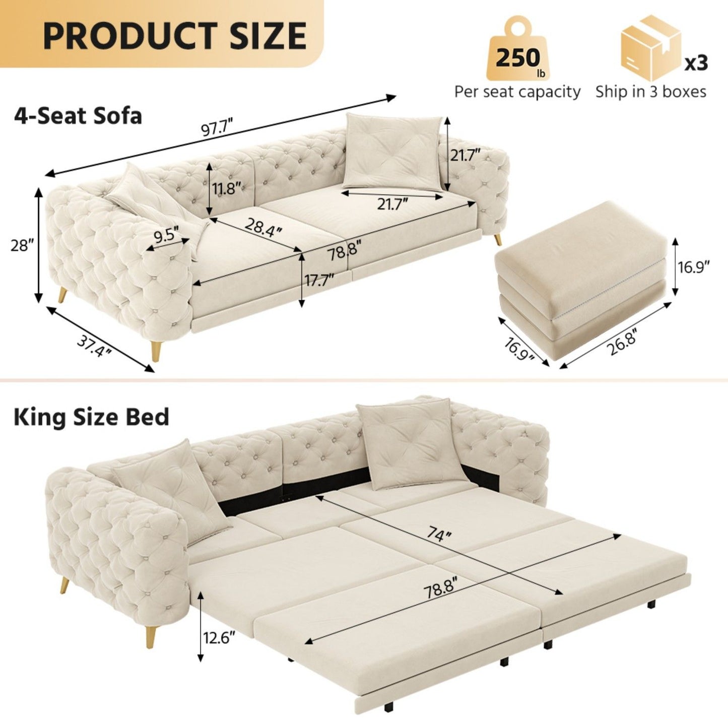 3 In 1 Convertible Sleeper, Deep Seat Pull Out Sofa Bed, Button Tufted