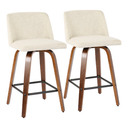 Toriano - Mid-Century Modern Counter Stool, Square Footrest (Set of 2) - Walnut / Cream