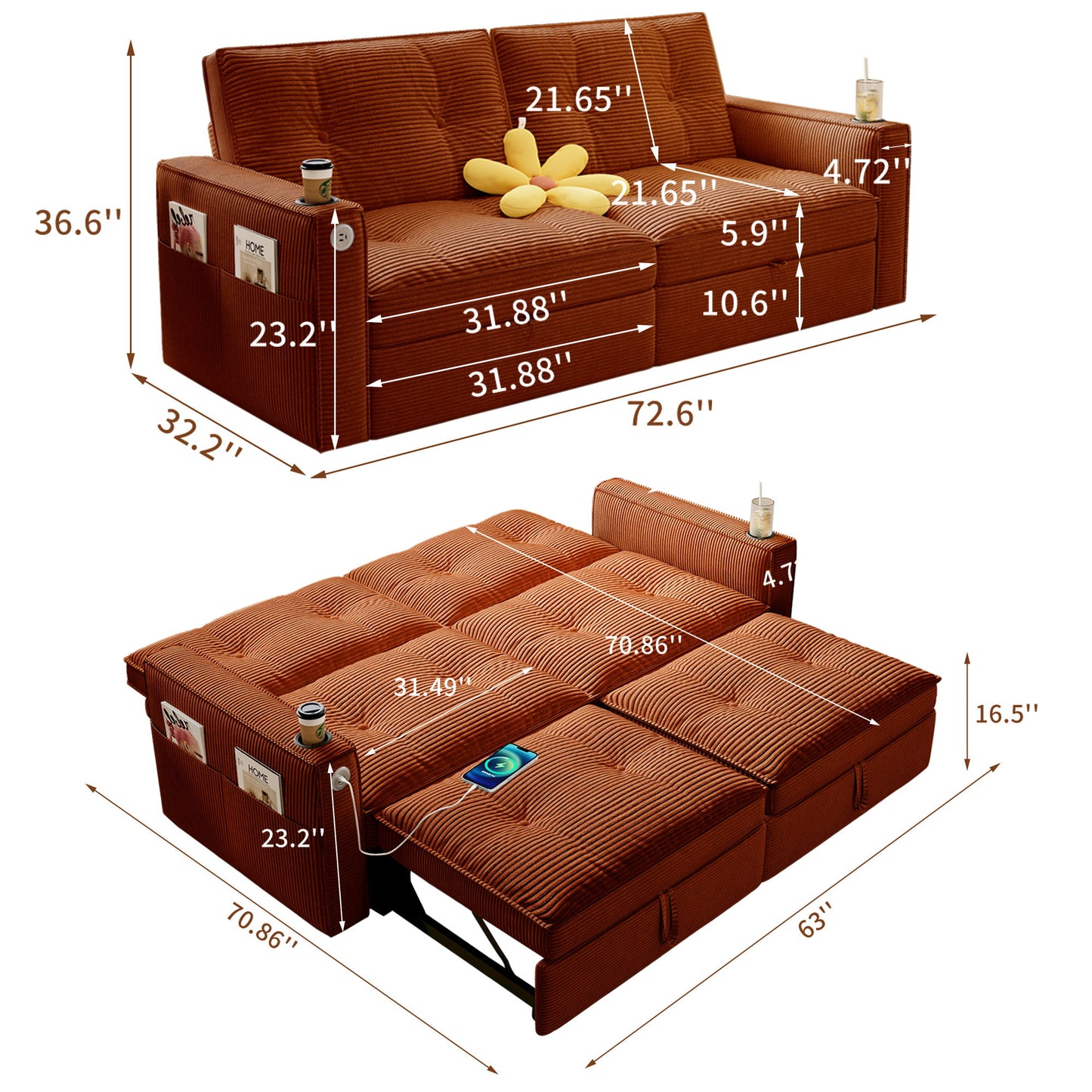 2 In 1 Convertible Sofa Bed For Living Rooms
