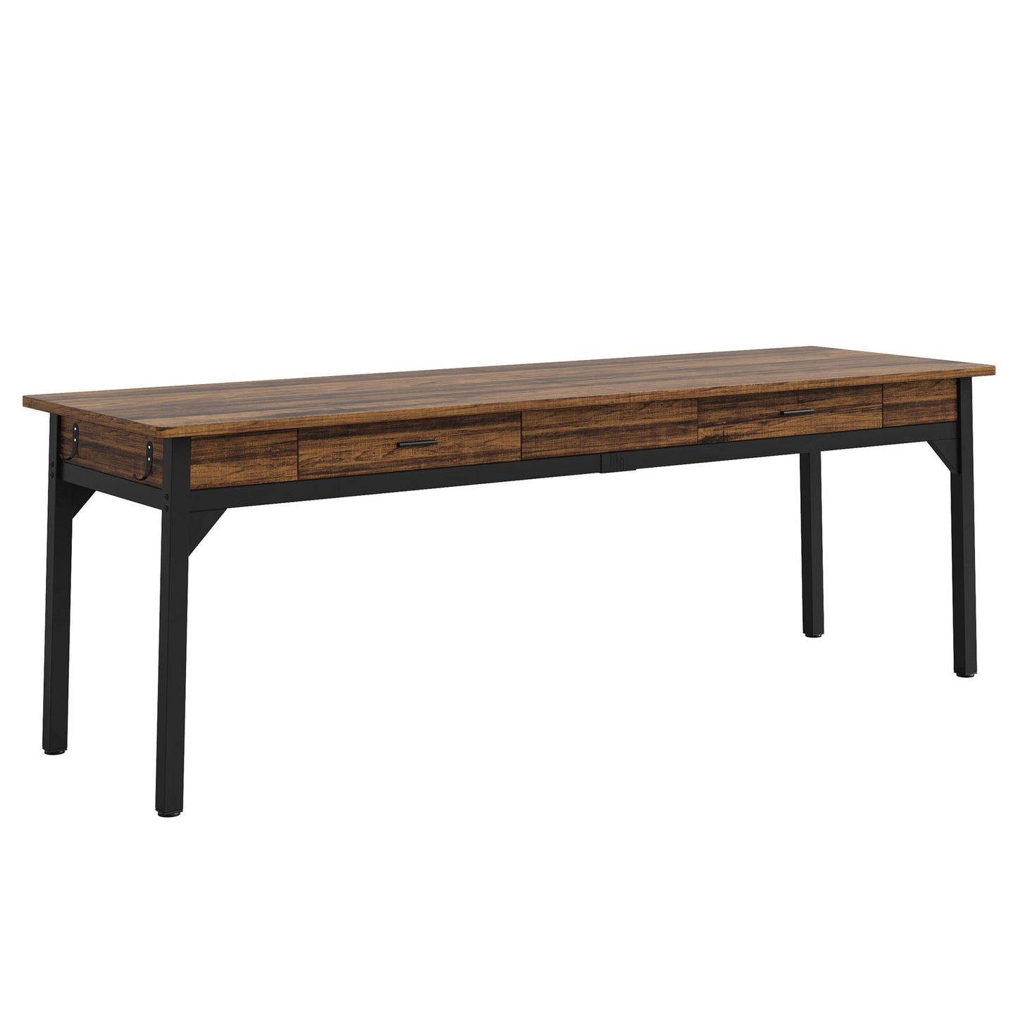 Double Office Desk For 2 With Frame, Long Workstation With 2 Drawers And Hooks - Brown / Black