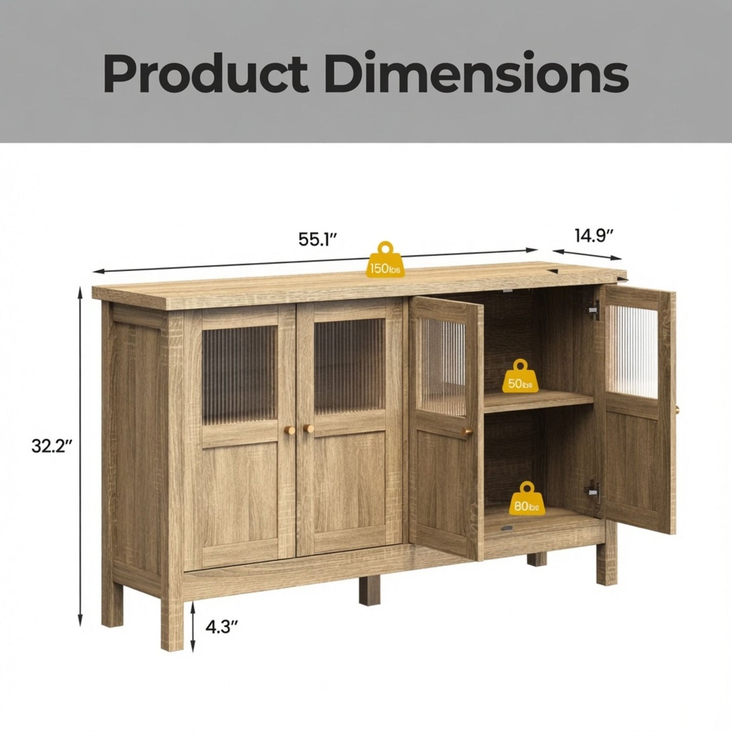 Buffet Cabinet With 4 Doors, Adjustable Shelves Handles - Natural