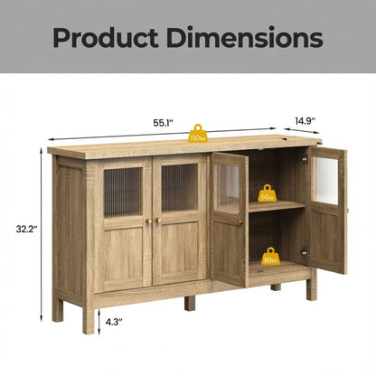 Buffet Cabinet With 4 Doors, Adjustable Shelves Handles - Natural