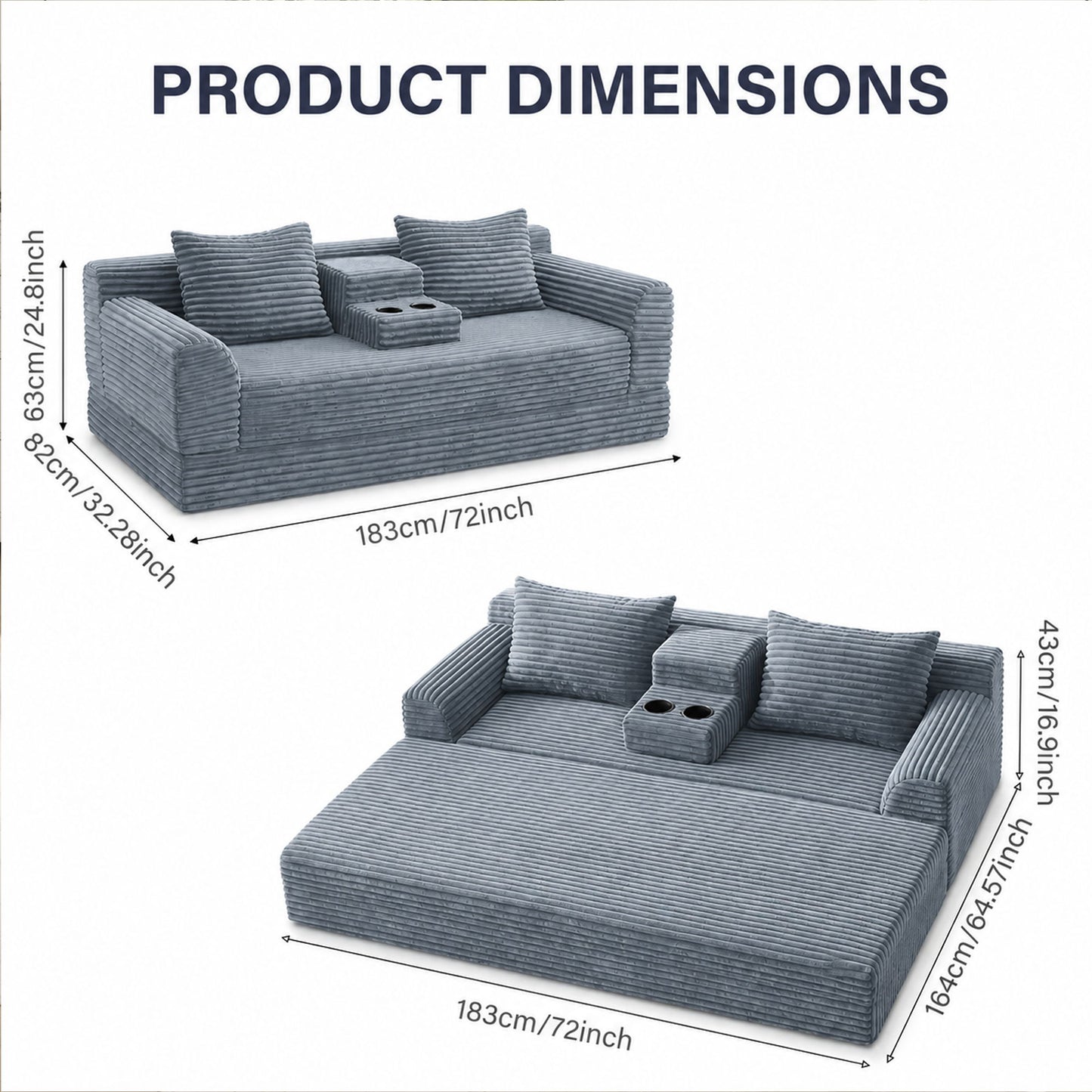 Soft Striped Convertible Sofa Bed, Dual Use Lounge Couch With Cup Holders And Pillows