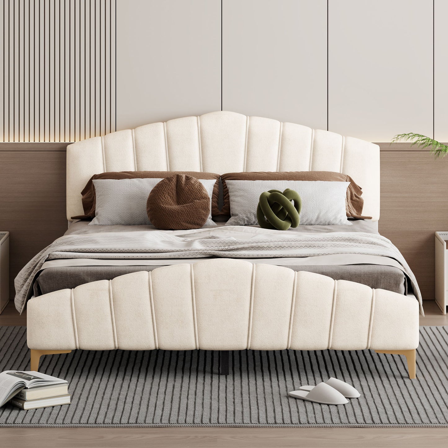 Platform Bed With Thick, Stylish Stripe Decorated Bedboard And Elegant Leg
