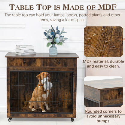 Dog Crate Furniture, Wooden Dog Crate End Table, 38.4" Dog Kennel With 2 Drawers Storage, Heavy Duty Dog Crate, Decorative Pet Crate Dog Cage For Large Indoor Use