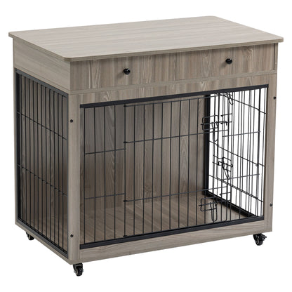 Dog Crate Furniture, Wooden Dog House, Decorative Dog Kennel With Drawer, Indoor Pet Crate End Table For Small Dog, Steel-Tube Dog Cage, Chew-Proof