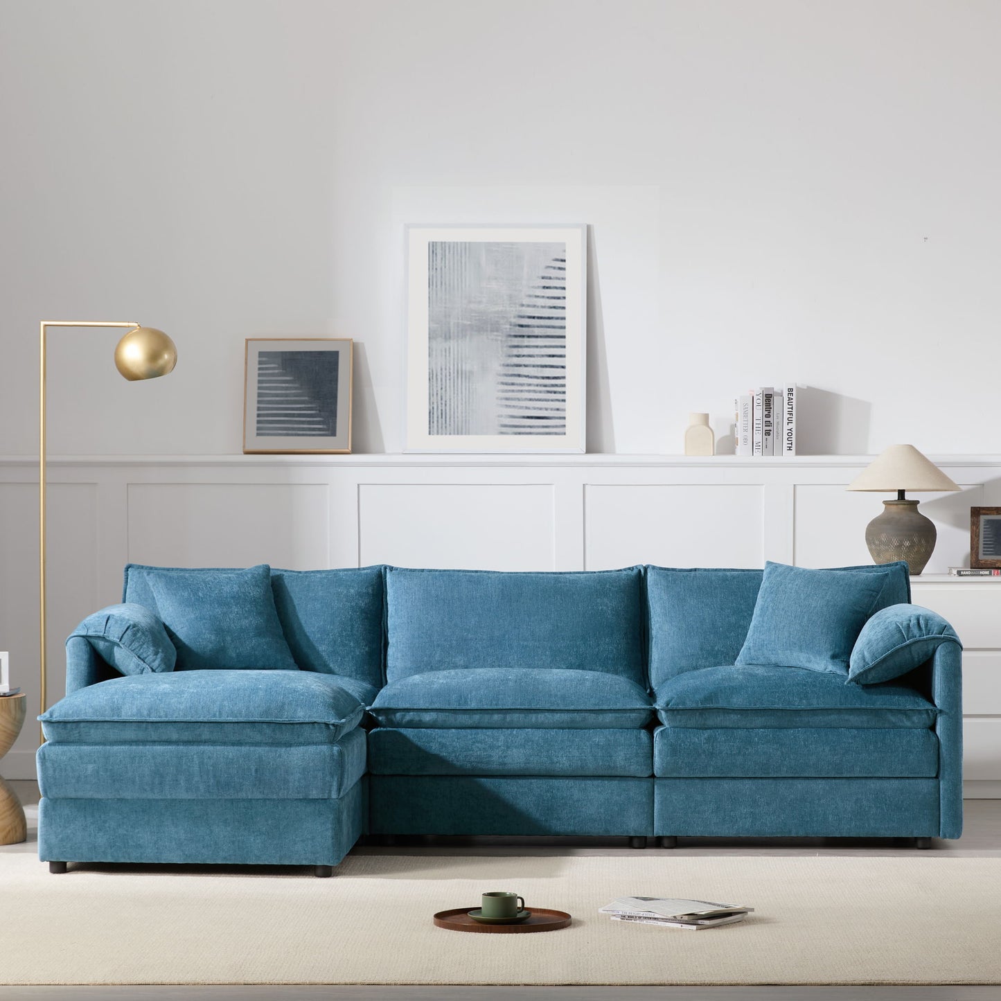Modular Sectional With Deep And Wide Seat, Cloud Couch Set With Double Cushions Sofa With Movable Ottoman