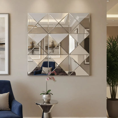 3D Beveled Wall Mirror With Frame, Large Square Design For Living Room - Silver
