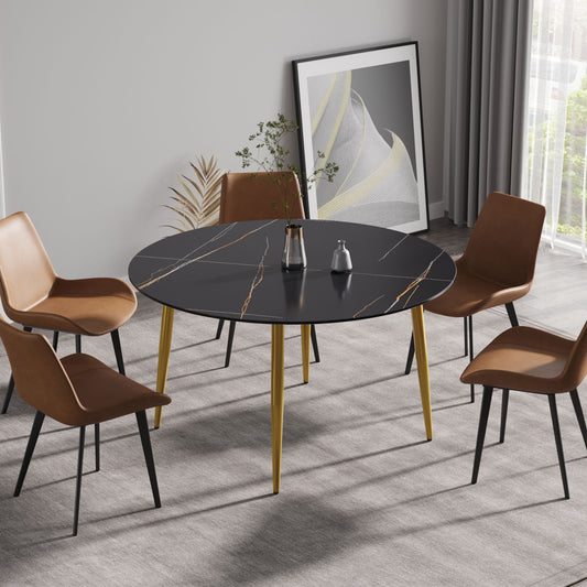 Modern Artificial Stone Round Dining Table With Golden Metal Legs, Can Accommodate 6 People - Black