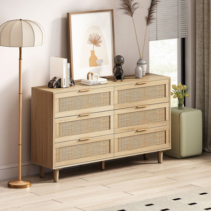 Rattan Storage Cabinet With 6 Drawers For Bedroom And Living Room - Natural