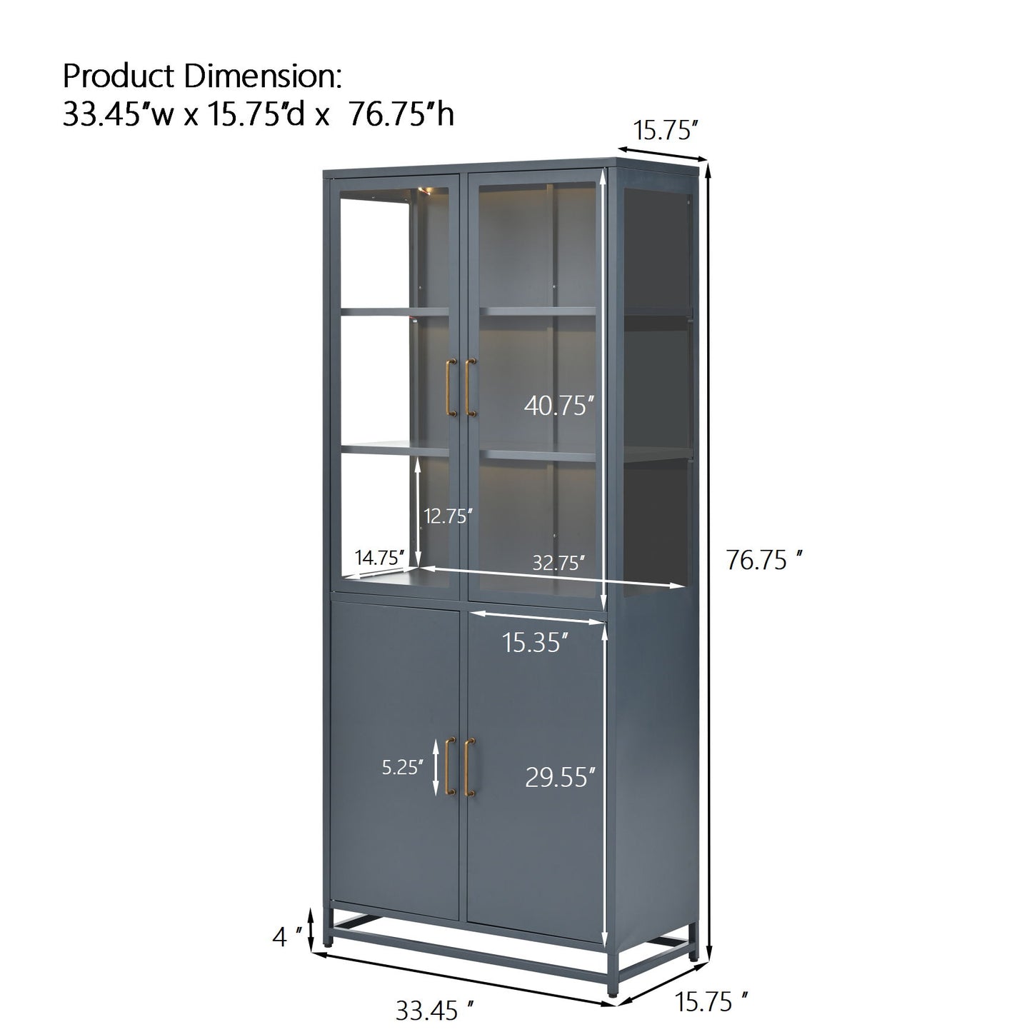 Modern Style Tall Steel Display Cabinet With Double Glass Doors, LED Lights